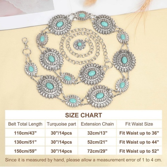 WHIPPY Women Concho Chain Belt Metal Link Western Cowgirl Turquoise Chain Belt - Picture 5 of 8